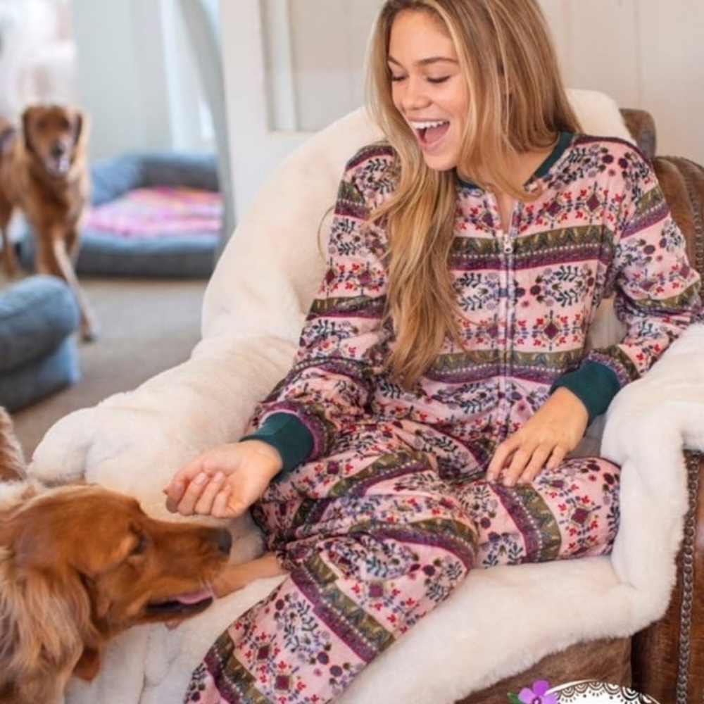 Natural Life Fleece One Piece Pajama ZIPPER Onesie Women's XS / Small Fair ISLE